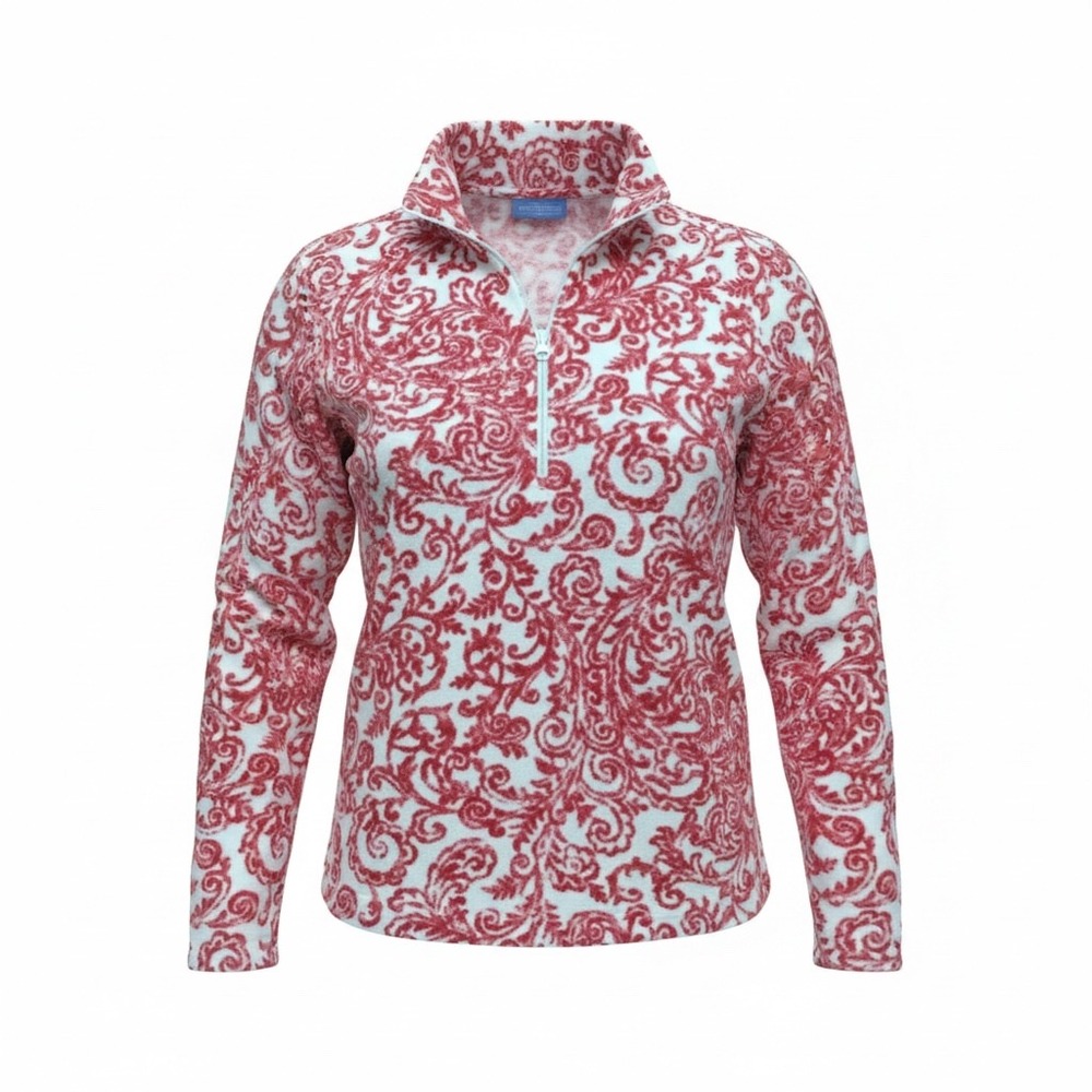 Laura Scott Womens XL Red White Damask Scroll Fleece Quarter Zip Pullover Top